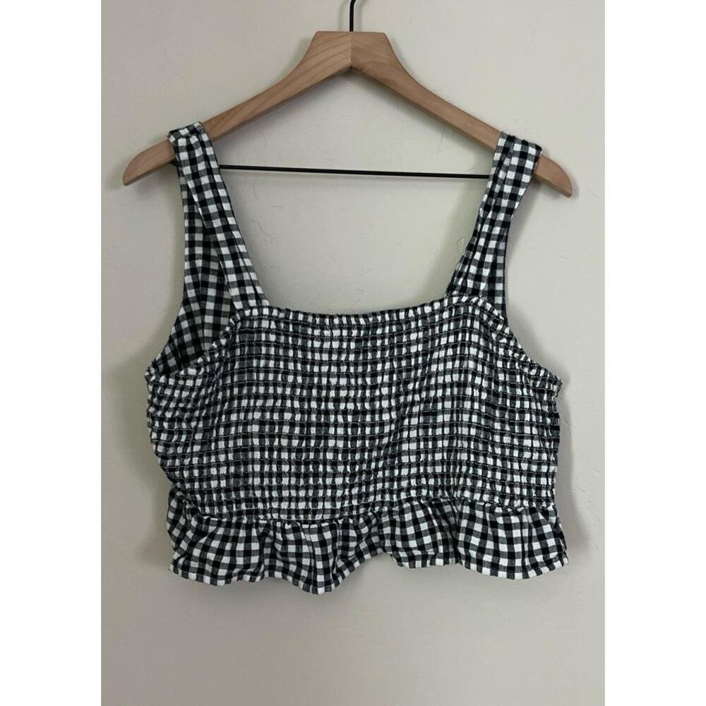 American‎ Eagle Crop Top Large Smocked Gingham Tie Back Cotton Linen Blend